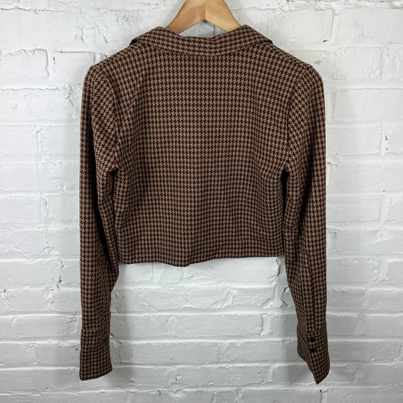 Zara Women's Houndstooth Cropped Top Long Sleeves Brown Black Size Medium NWOT - Picture 4 of 4